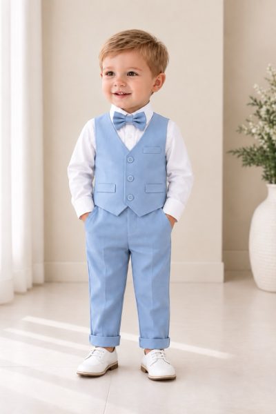 Completo paggetto bambino azzurro con gilet camicia bianca e papillon
