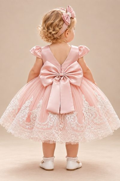 Vestito battesimo rosa con schiena a V e grande fiocco posteriore