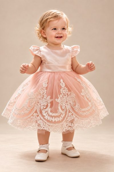 Abito battesimo bambina rosa con maniche a sbuffo e ricami bianchi