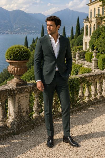 abito invitato matrimonio uomo elegante verde slim fit cerimonia