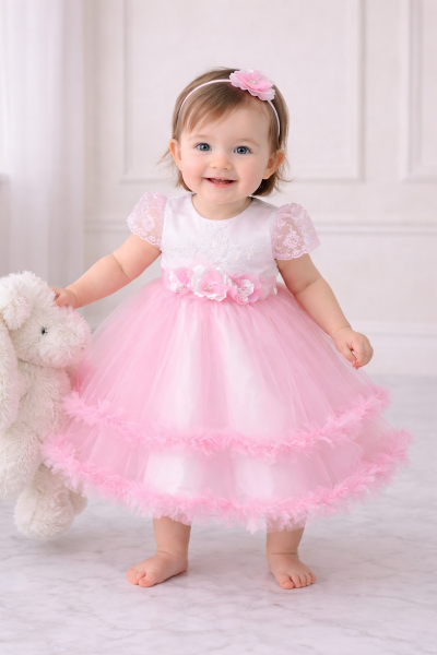 Bimba piccola con abito battesimo rosa in tulle, corpino ricamato e maniche in pizzo