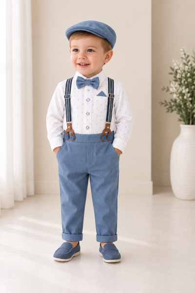 Completo battesimo bambino blu con bretelle papillon e cappellino