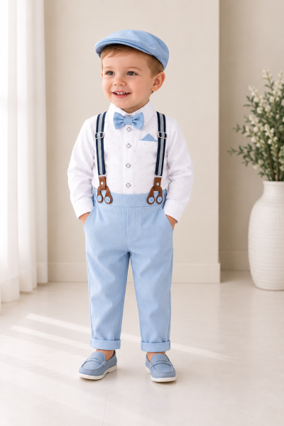 Completo battesimo bambino celeste con bretelle papillon e cappellino