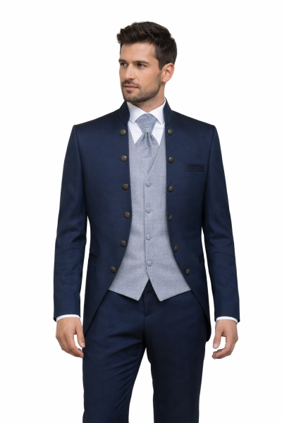 abito da sposo blu navy con collo coreano e gilet argento