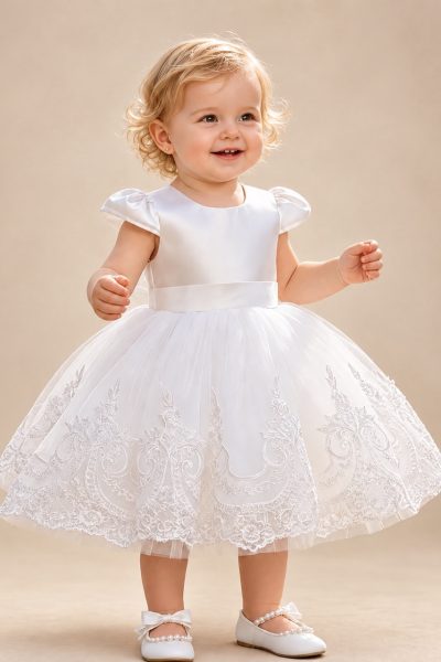Abito battesimo bambina bianco con maniche a sbuffo e gonna ricamata
