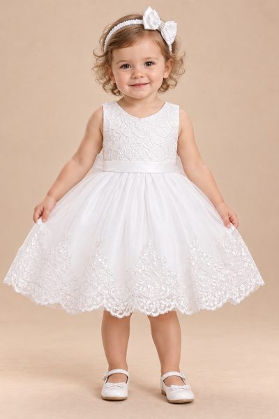 Abito battesimo bambina bianco con gonna ampia e bordo ricamato