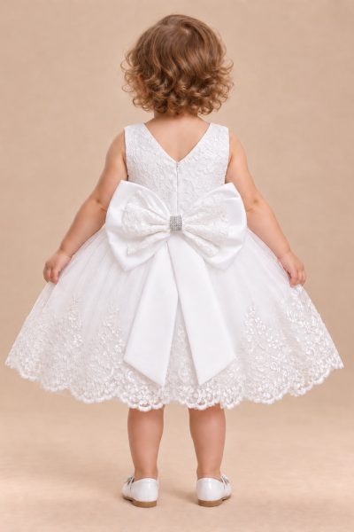 Abito battesimo bianco con maxi fiocco posteriore