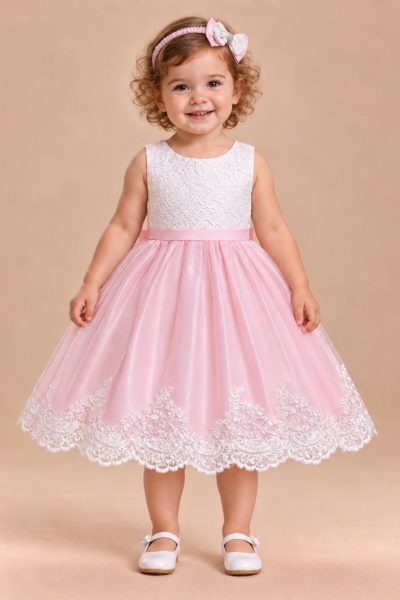 Abito battesimo bambina rosa e bianco con gonna ampia e bordo ricamato