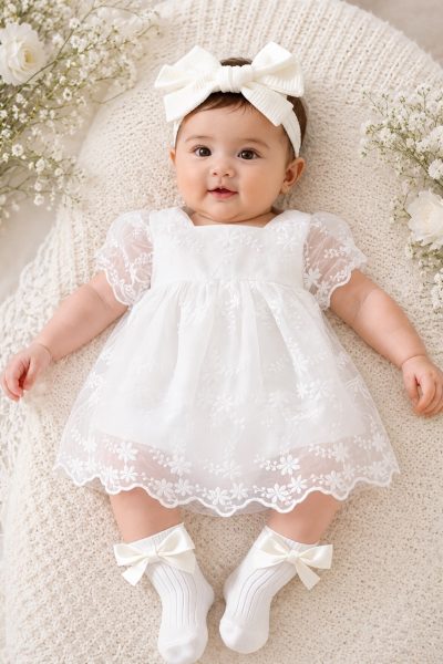 Abito battesimo bambina in pizzo bianco con ricami floreali e fascia con fiocco