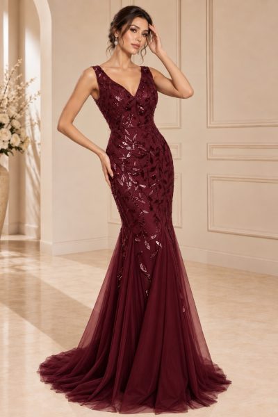 Abito a sirena bordeaux con ricami luminosi e scollo a V vista frontale