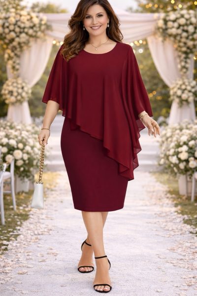 Abito mamma sposo bordeaux elegante midi con mantella in chiffon