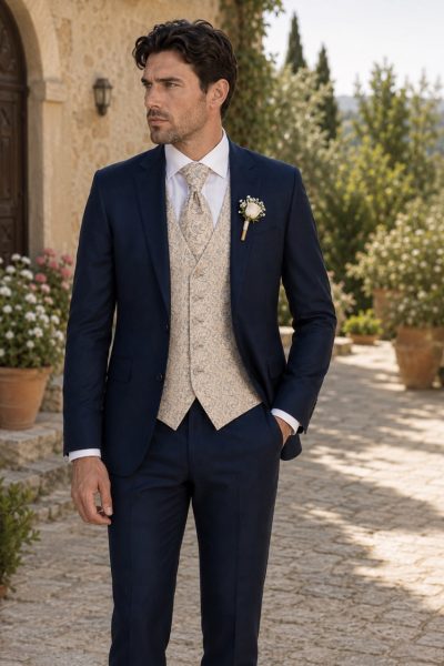 Abito da sposo blu navy con gilet paisley beige e cravatta coordinata della collezione Abiti da Sposo 2027