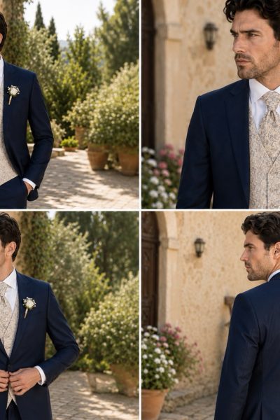Abito da sposo blu navy con gilet paisley beige della nuova collezione cerimonia uomo