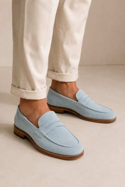Mocassini uomo celeste in camoscio indossati con pantaloni beige eleganti su sfondo minimal neutro
