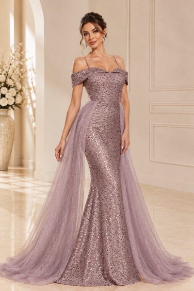 Abito a sirena malva polvere con paillettes e sopragonna