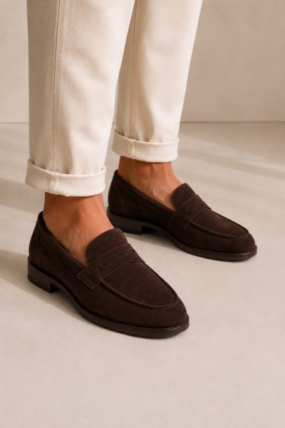 Mocassino uomo in camoscio marrone elegante Manzetti indossato con pantaloni chiari