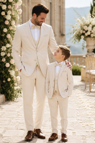 Abiti abbinati papà figlio con completo cerimonia panna per matrimonio