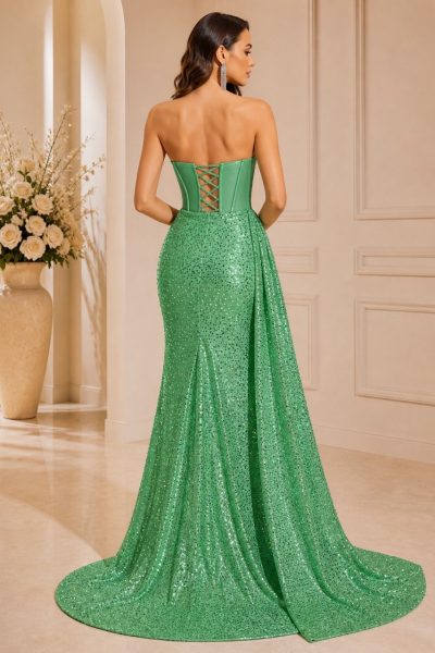 Retro abito da cerimonia verde con corsetto e paillettes