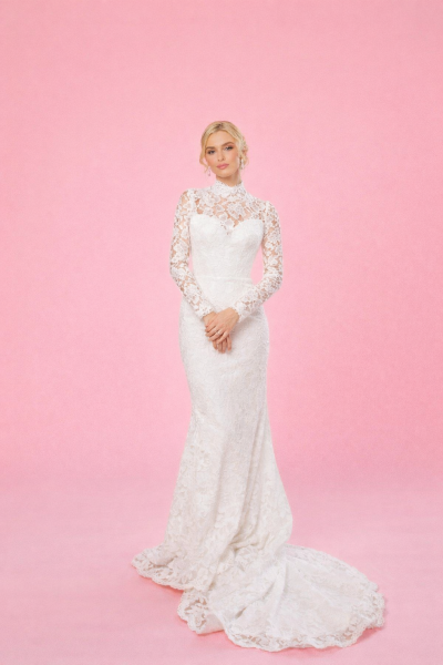 abito da sposa pizzo maniche lunghe vista frontale