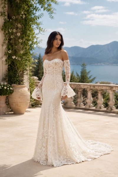 Abito da sposa sirena in pizzo con corpetto steccato e ricami floreali