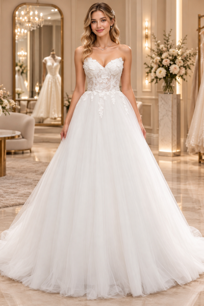 Abito da sposa principessa in tulle con corpetto floreale, scollo a cuore e gonna ampia, vista frontale.