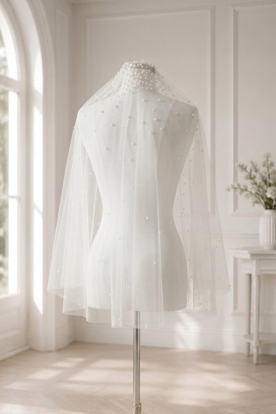 Velo da sposa corto avorio con calata e perle GW-VL012
