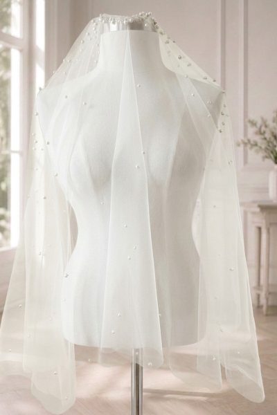 Velo da sposa a doppio strato in tulle avorio con perle GW-VL012