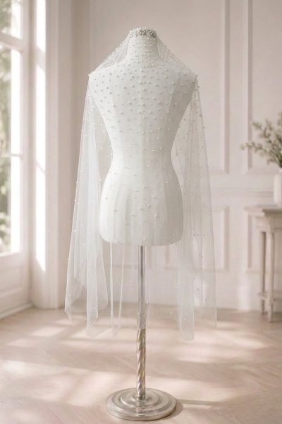 Velo da sposa corto in tulle avorio con perle cucite