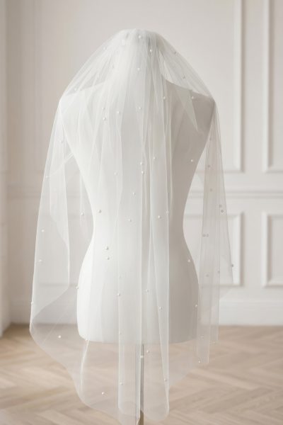 Velo da sposa 85 cm con perle in tulle avorio