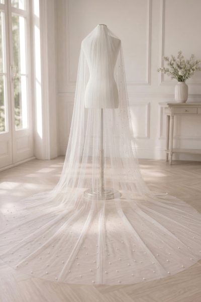 Velo da sposa lungo con perle 300 cm in tulle avorio