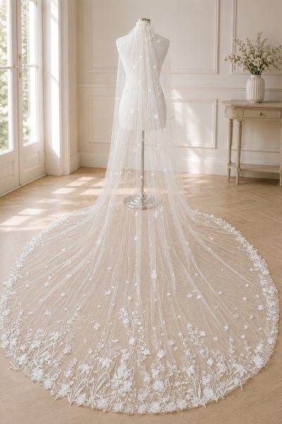 Velo da sposa scenografico con fiori 3D e perle lungo 300 cm
