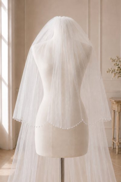 Velo da sposa a due strati con calata e bordo decorato