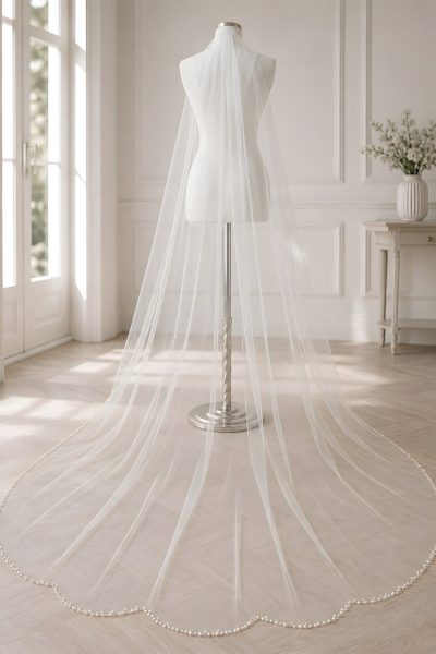 Velo da sposa con bordo di cristalli e perle lungo 270 cm