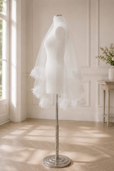 Velo da sposa a due strati con calata e bordo di fiori 3D