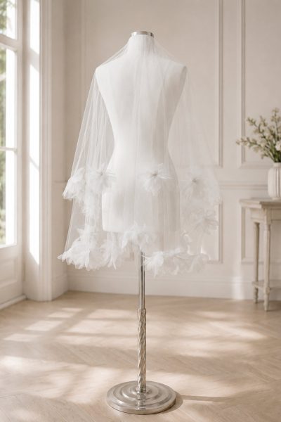 Velo da sposa corto con fiori 3D perle e calata 70/92 cm