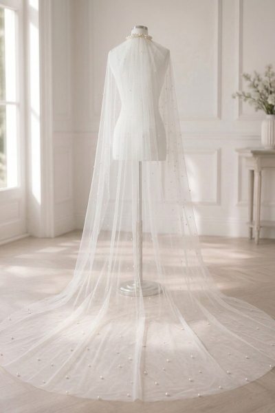Velo da sposa lungo 220 cm in tulle avorio con perle GW-VL015