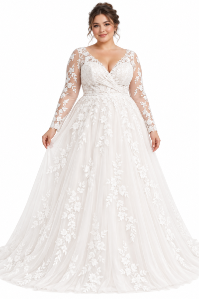 Abito da sposa curvy con scollatura a V, corpetto incrociato, maniche lunghe trasparenti in pizzo floreale e ampia gonna principessa in tulle avorio ricamato.