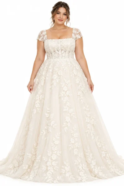 Abito da sposa curvy stile principessa in raso avorio, con scollatura a cuore senza spalline, corpetto drappeggiato, vita definita e ampia gonna con pieghe e tasche laterali.