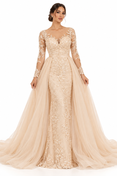Abito da sposa champagne in pizzo floreale con maniche lunghe trasparenti, scollo a cuore e ampia sopragonna in tulle.
