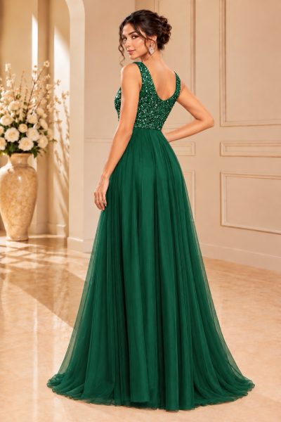Retro abito da cerimonia verde smeraldo con scollo a V sulla schiena