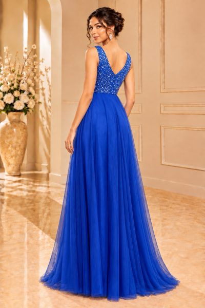 Retro abito da cerimonia blu royal con scollo a V sulla schiena