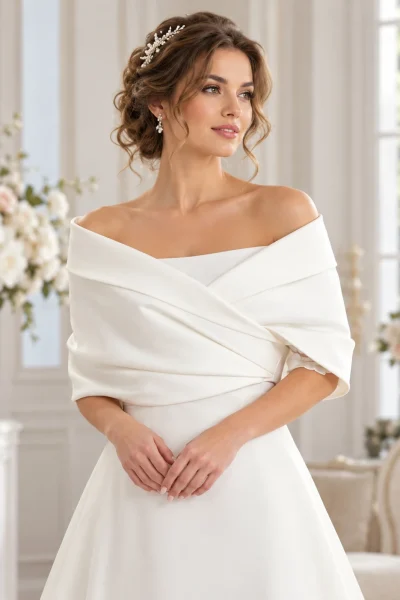 Stola coprispalle da sposa bianca incrociata sul davanti con scollo Bardot e spalle scoperte