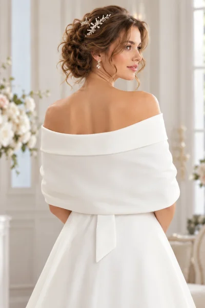 Vista posteriore della stola coprispalle sposa bianca con fascia ampia che avvolge la schiena
