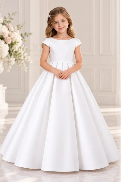 Abito Prima Comunione bambina bianco Sposatelier con maniche corte, corpetto liscio e gonna lunga a pieghe strutturate.