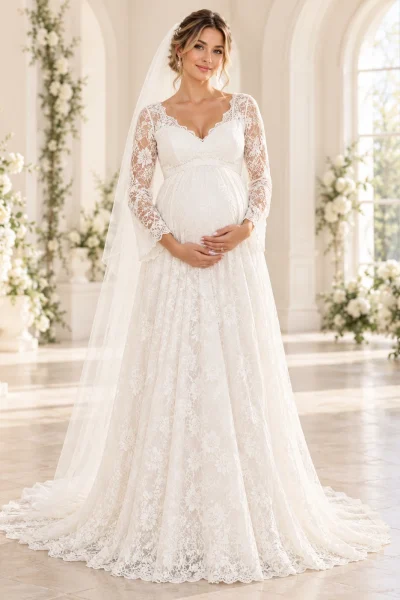 Abito da sposa premaman in pizzo floreale bianco con maniche lunghe, scollo a V, taglio impero e gonna ampia.