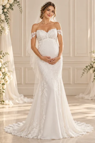 Abito da sposa premaman a sirena in pizzo floreale bianco con spalle scoperte, scollo a cuore e gonna lunga con strascico.