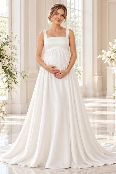 Abito da sposa premaman semplice bianco con scollo quadrato, spalline larghe, taglio impero e gonna lunga fluida.