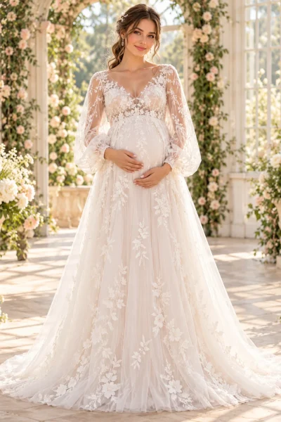 Abito da sposa premaman in tulle floreale con scollo a V, maniche lunghe a palloncino e gonna ampia stile impero.