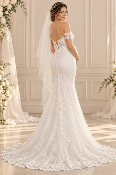Vista posteriore dell'abito da sposa premaman a sirena in pizzo, con schiena scoperta, bottoncini decorativi e lungo strascico floreale.