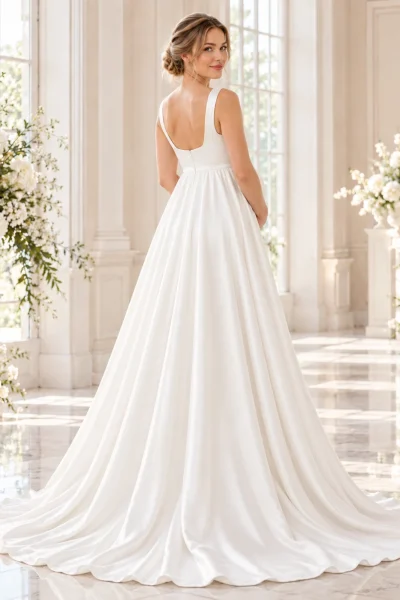 Vista posteriore dell'abito da sposa premaman minimal bianco con schiena arrotondata, spalline larghe e gonna ampia con strascico.